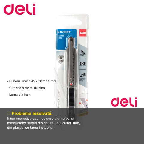 Cutter mic metalic Deli 2036, corp metal cu sina, lama inox, pentru taiat hartie si materiale subtiri [1]