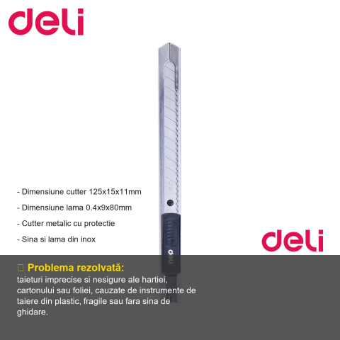 Cutter mic metalic Deli, cu sina si protectie, lama inox 9mm, pentru uz birou si hobby [1]