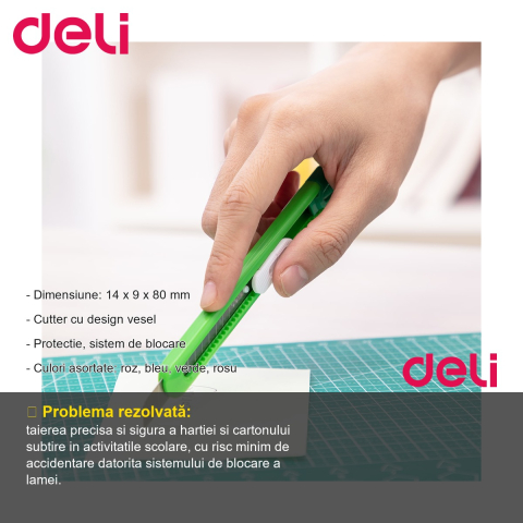 Cutter mic scolar Deli, culori asortate, cu sistem de blocare, pentru copii [1]