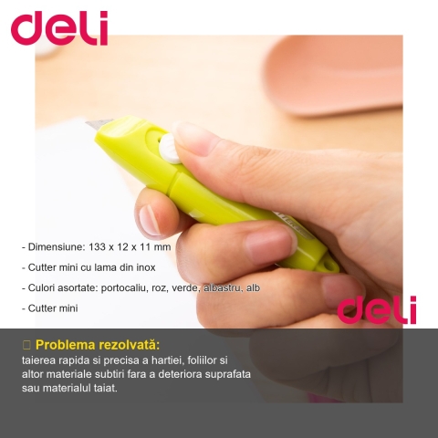 Cutter mini Deli, lama inox, compact si usor de folosit, pentru birou si scoala [1]