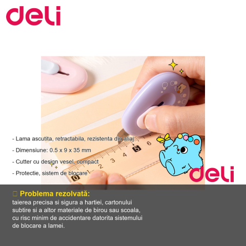 Cutter mini Deli M155, lama retractabila din aliaj, culori pastel asortate, pentru scoala si birou [1]