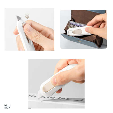 Cutter mini Deli Nusign, lama 12 mm cu retragere automata, 80x25 mm, alb [3]