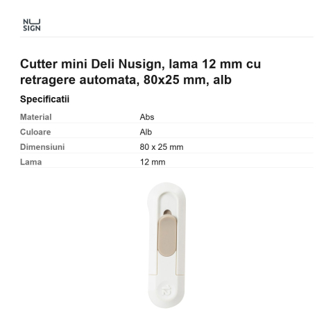 Cutter mini Deli Nusign, lama 12 mm cu retragere automata, 80x25 mm, alb [2]