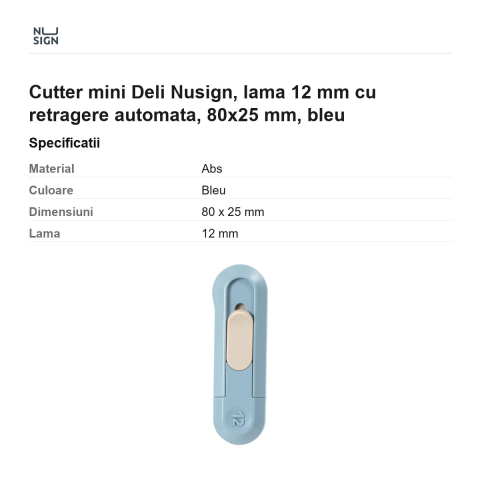 Cutter mini Deli Nusign, lama 12 mm cu retragere automata, 80x25 mm, bleu [2]