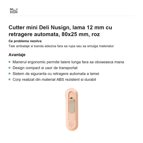 Cutter mini Deli Nusign, lama 12 mm cu retragere automata, 80x25 mm, roz [1]