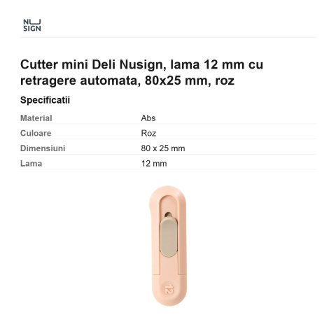 Cutter mini Deli Nusign, lama 12 mm cu retragere automata, 80x25 mm, roz [2]