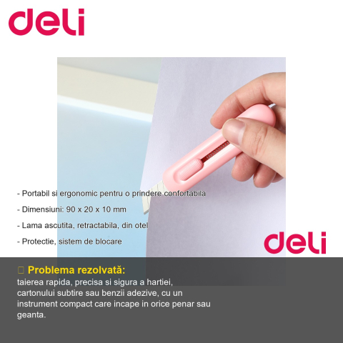 Cutter mini Deli, plastic reciclat, lama retractabila din otel, culori asortate, portabil si ergonomic [1]