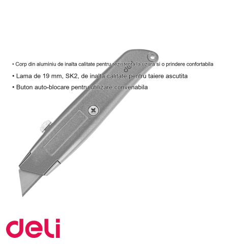Cutter utilitar Deli, corp aluminiu, lama 19 mm SK2, cu buton auto-blocare, pentru taieri precise [2]