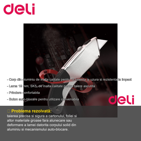 Cutter utilitar profesional Deli, corp aluminiu cu grip, lama 19 mm SK5, pentru taieri precise [1]