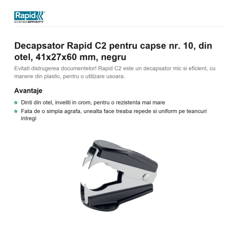 Decapsator Rapid C2 pentru capse nr. 10, din otel, 41x27x60 mm, negru [1]