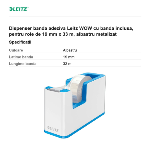 Dispenser banda adeziva Leitz WOW cu banda inclusa, pentru role de 19 mm x 33 m, albastru metalizat [2]