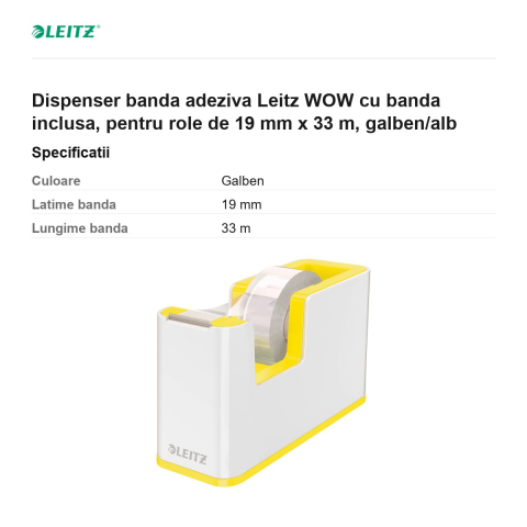 Dispenser banda adeziva Leitz WOW cu banda inclusa, pentru role de 19 mm x 33 m, galben/alb [2]