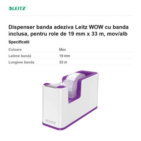 Dispenser banda adeziva Leitz WOW cu banda inclusa, pentru role de 19 mm x 33 m, mov/alb [2]