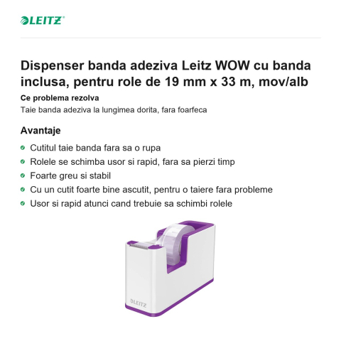 Dispenser banda adeziva Leitz WOW cu banda inclusa, pentru role de 19 mm x 33 m, mov/alb [1]