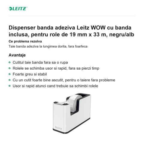 Dispenser banda adeziva Leitz WOW cu banda inclusa, pentru role de 19 mm x 33 m, negru/alb [1]