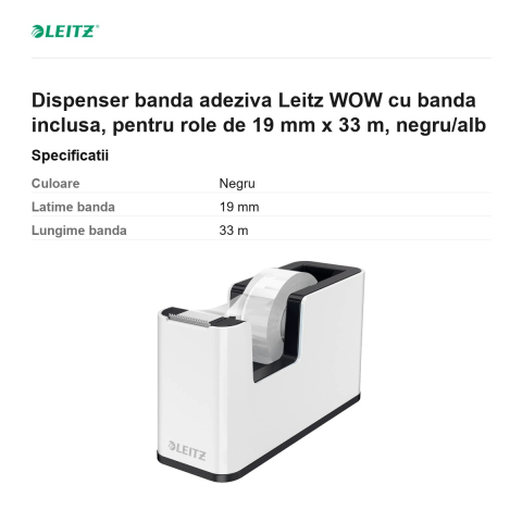 Dispenser banda adeziva Leitz WOW cu banda inclusa, pentru role de 19 mm x 33 m, negru/alb [2]