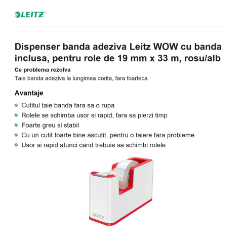 Dispenser banda adeziva Leitz WOW cu banda inclusa, pentru role de 19 mm x 33 m, rosu/alb [1]
