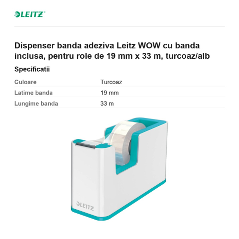 Dispenser banda adeziva Leitz WOW cu banda inclusa, pentru role de 19 mm x 33 m, turcoaz/alb [2]