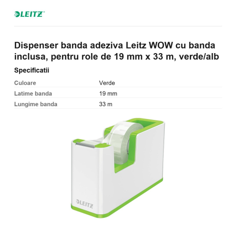 Dispenser banda adeziva Leitz WOW cu banda inclusa, pentru role de 19 mm x 33 m, verde/alb [2]