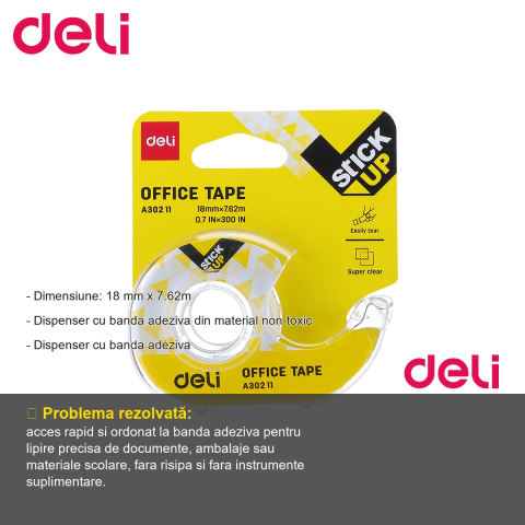 Dispenser cu banda adeziva Deli, 18 mm x 7.62 m, material non-toxic, pentru birou si uz casnic [1]