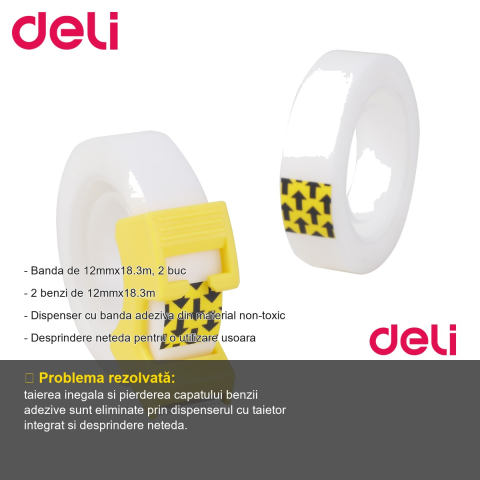 Dispenser cu banda adeziva Deli, set 2 role 12mm x 18.3m, utilizare usoara la birou sau acasa [1]