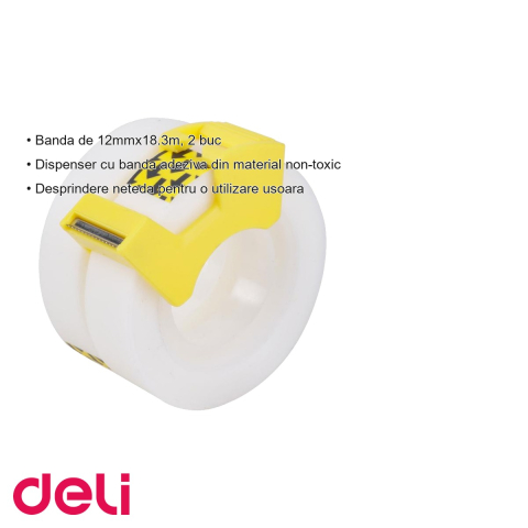 Dispenser cu banda adeziva Deli, set 2 role 12mm x 18.3m, utilizare usoara la birou sau acasa [2]