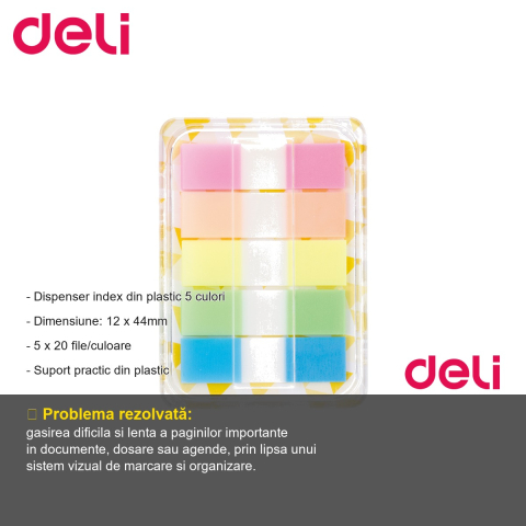 Dispenser index adeziv Deli, plastic, 5 culori, 12x44mm, 20 file per culoare, pentru organizare rapida [1]