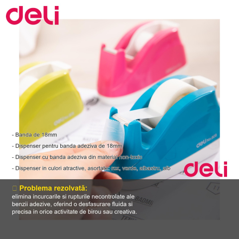 Dispenser stabil pentru banda adeziva 18mm Deli, culori asortate, pentru birou si acasa [1]