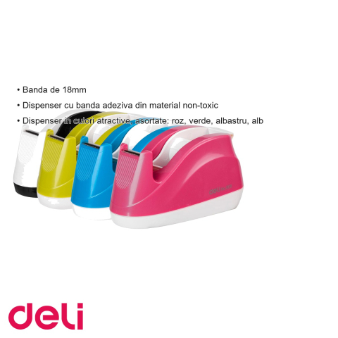 Dispenser stabil pentru banda adeziva 18mm Deli, culori asortate, pentru birou si acasa [2]