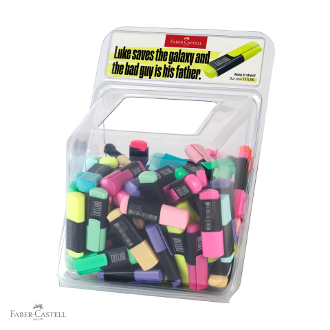Birotica papetarie - Display 100 textmarkere mini superfluorescente si pastel Faber-Castell, varf tesit, pentru evidentiere text