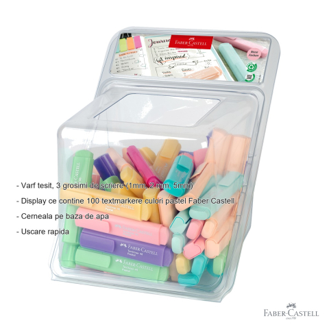 Display 100 textmarkere pastel Faber-Castell, varf tesit, 3 grosimi de scriere, cerneala pe baza de apa [1]