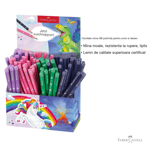 Display 120 creioane grafit Faber-Castell standard si Jumbo HB, motive unicorni si dinozauri, pentru copii [2]