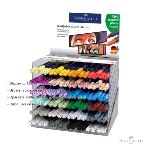 Display 120 markere cu doua capete Faber-Castell Goldfaber, cerneala pe baza de alcool, pentru desen artistic si ilustratie [1]