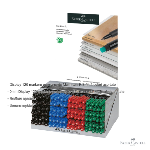 Display 120 markere permanente Faber-Castell Multimark, varfuri F/S/M, 4 culori asortate, pentru CD, sticla si metal [1]