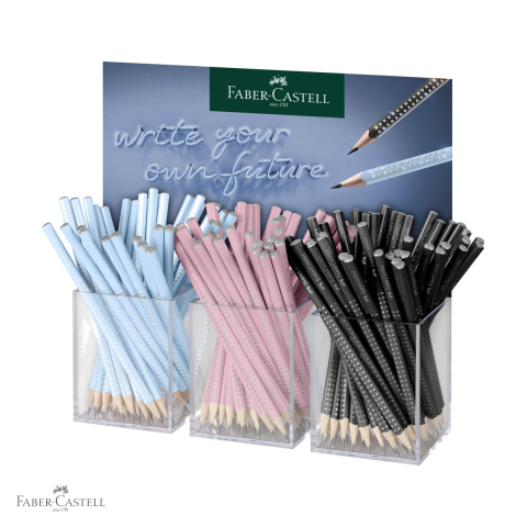 Creioane si ascutitori - Display 144 creioane grafit Faber-Castell Sparkle Harmony 2024, forma triunghiulara ergonomica, negru/albastru/roz
