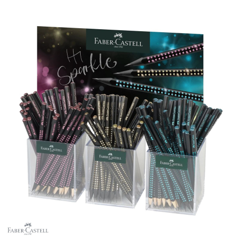 Produse EmagMarketplace - Display 144 creioane grafit Faber-Castell Sparkle Winter 2025, corp triunghiular ergonomic, mina B, pentru scriere si desen creativ