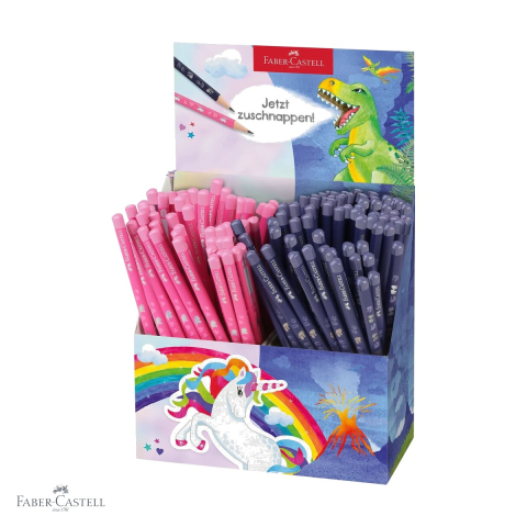 Produse EmagMarketplace - Display 144 creioane grafit HB Faber-Castell, motive unicorni si dinozauri, forma triunghiulara ergonomica, pentru copii