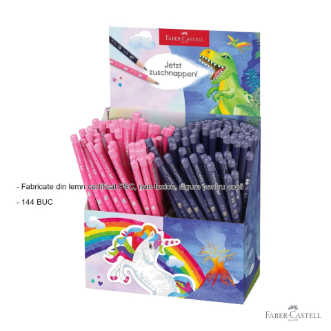 Display 144 creioane grafit HB Faber-Castell, motive unicorni si dinozauri, forma triunghiulara ergonomica, pentru copii [1]
