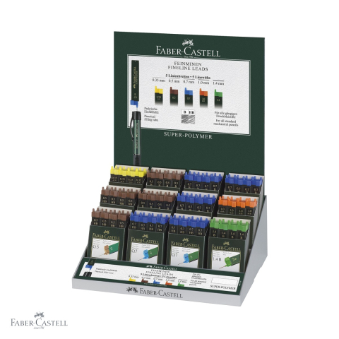 Mine, rezerve si cerneala - Display 144 etuiuri mine creion mecanic Faber-Castell Super-Polymer, 5 grosimi si 2 grade de duritate, pentru toate creioanele mecanice standard