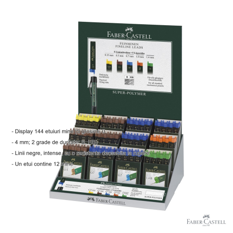 Display 144 etuiuri mine creion mecanic Faber-Castell Super-Polymer, 5 grosimi si 2 grade de duritate, pentru toate creioanele mecanice standard [1]