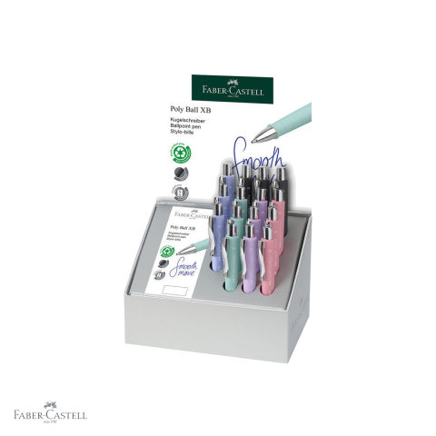 Pixuri - Display 15 pixuri cu mecanism Faber-Castell Poly Ball XB, grip ergonomic triunghiular, rezerva albastra de mare capacitate