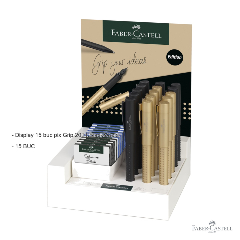 Display 15 stilouri Faber-Castell Grip 2011 Black & Gold, editie premium, pentru scriere eleganta [1]