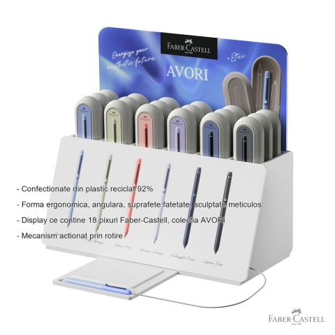 Display 18 pixuri Faber-Castell Avori XB, mecanism rotativ, din plastic reciclat, diverse culori [1]
