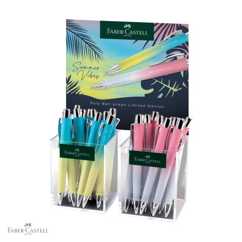 Pixuri - Display 24 pixuri cu mecanism Faber-Castell Poly Ball Urban XB Summer 2024, grip ergonomic triunghiular, editie limitata
