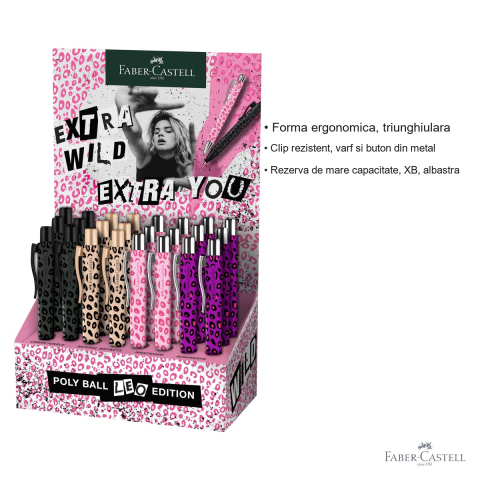 Display 24 pixuri cu mecanism Faber-Castell Poly Ball XB, editie speciala Leo, rezerva albastra XB, forma triunghiulara ergonomica [2]