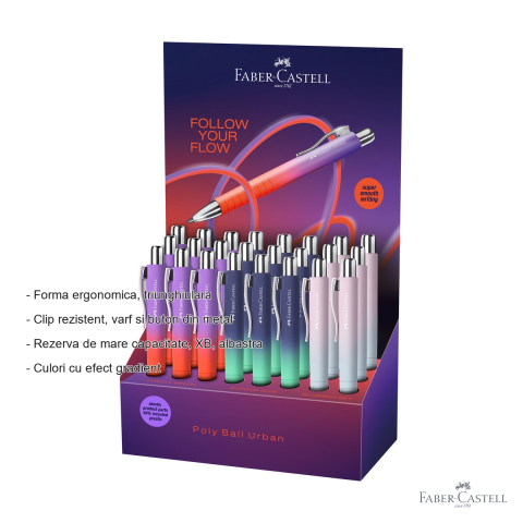 Display 24 pixuri cu mecanism Faber-Castell Poly Ball XB Flow, grip ergonomic triunghiular, rezerva albastra de mare capacitate [1]