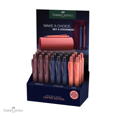 Pixuri - Display 24 pixuri cu mecanism Faber-Castell Poly Ball XB Urban, forma triunghiulara ergonomica, rezerva albastra de mare capacitate