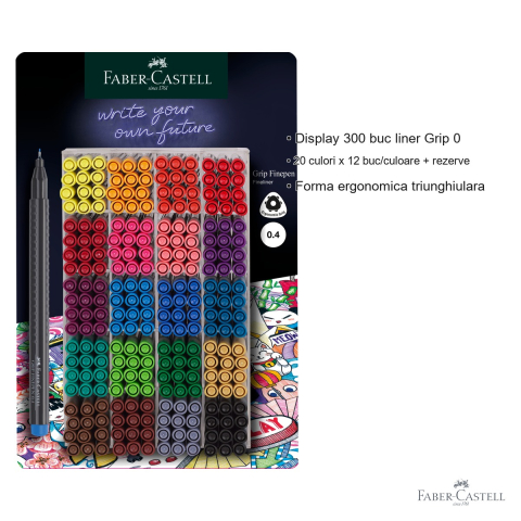 Display 300 linere Faber-Castell Grip 0.4mm, 20 culori diverse, cerneala pe baza de apa, pentru desen si desen tehnic [2]