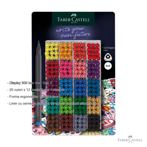 Display 300 linere Faber-Castell Grip 0.4mm, 20 culori diverse, cerneala pe baza de apa, pentru desen si desen tehnic [1]