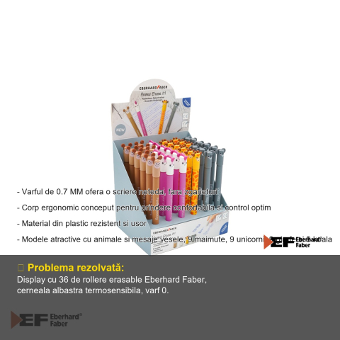 Display 36 rollere erasable 0.7 mm albastru Eberhard Faber, cerneala termosensibila, modele cu animale, editia 2025 [1]